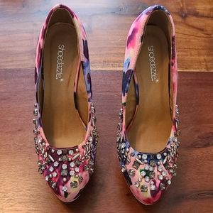 BEADED MULTICOLOR SATIN PUMP HEELS
